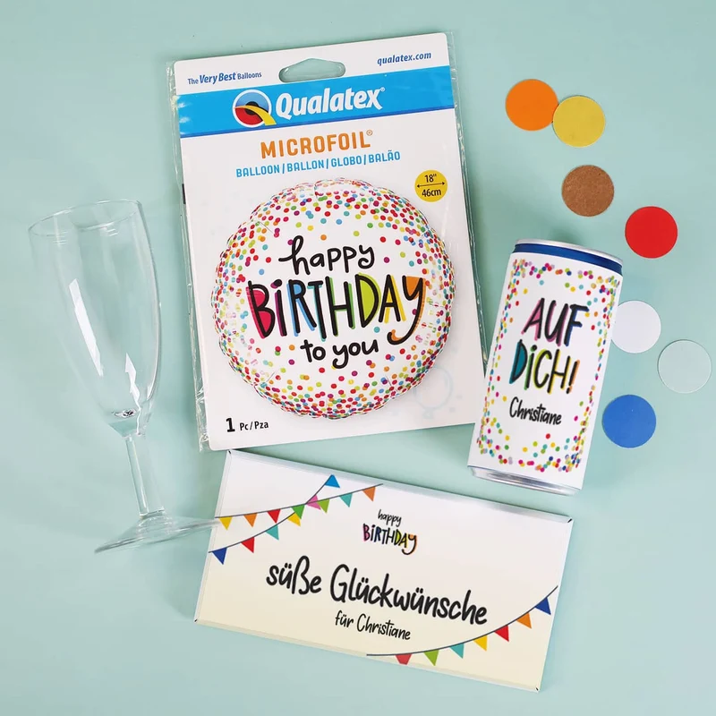 Happy Birthday Geschenkset aus Secco, Glas, Schokolade und Folienballon