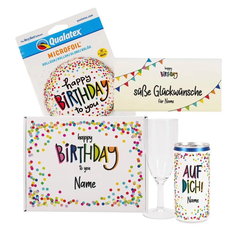 Happy Birthday Geschenkset aus Secco, Glas, Schokolade und Folienballon