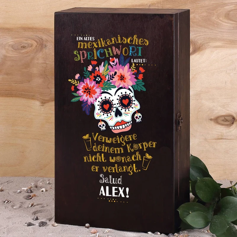 Tequila Geschenk-Set mit 4 gravierten Tequila-Shots in bedruckter Holzkiste mit Tequila Flasche