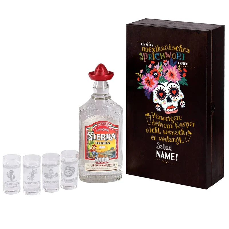 Tequila Geschenk-Set mit 4 gravierten Tequila-Shots in bedruckter Holzkiste mit Tequila Flasche