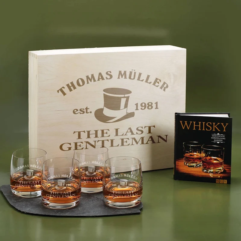 Whiskybox mit 4 Whiskygläsern und Buch über Whiskys