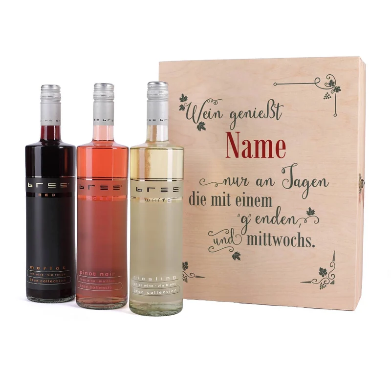 Persönliches Weinset in edler Holzbox - Wein genießt man nur an Tagen...