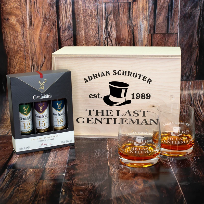 Whiskey Geschenkset mit 2 Gläsern und Glenfiddich Whisky für den Gentleman
