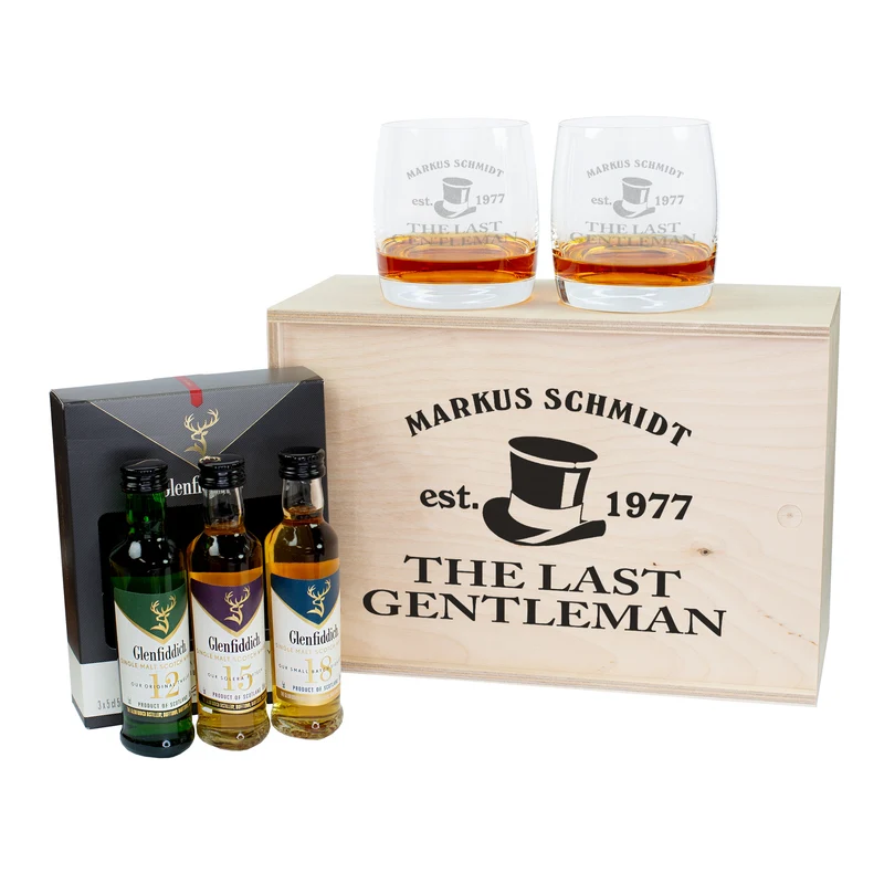 Whiskey Geschenkset mit 2 Gläsern und Glenfiddich Whisky für den Gentleman